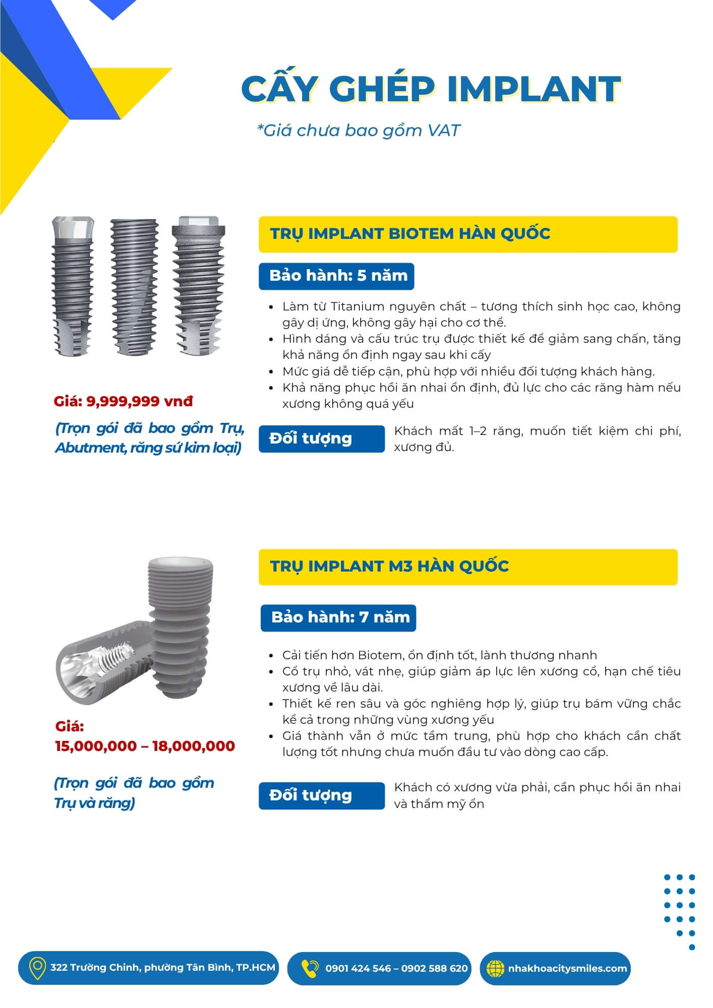 CẤY GHÉP IMPLANT TÂN BÌNH: CÔNG NGHỆ CHUẨN QUỐC TẾ, NỤ CƯỜI BỀN VỮNG CHO VIỆT KIỀU VÀ NGƯỜI TRUNG NIÊN 5 Bảng giá trồng răng Implant